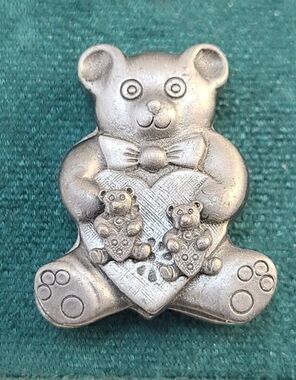 Vintage Pewter Teddy Bear Jewelry Set Pin Necklace Earrings Heart Charm Gift